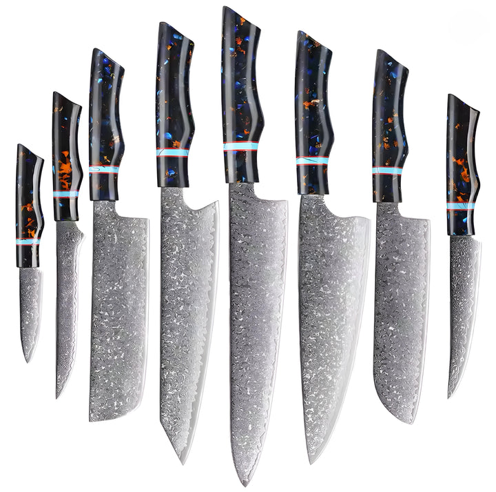 Damascus Knife Set with Dark Handles — 8 Pieces