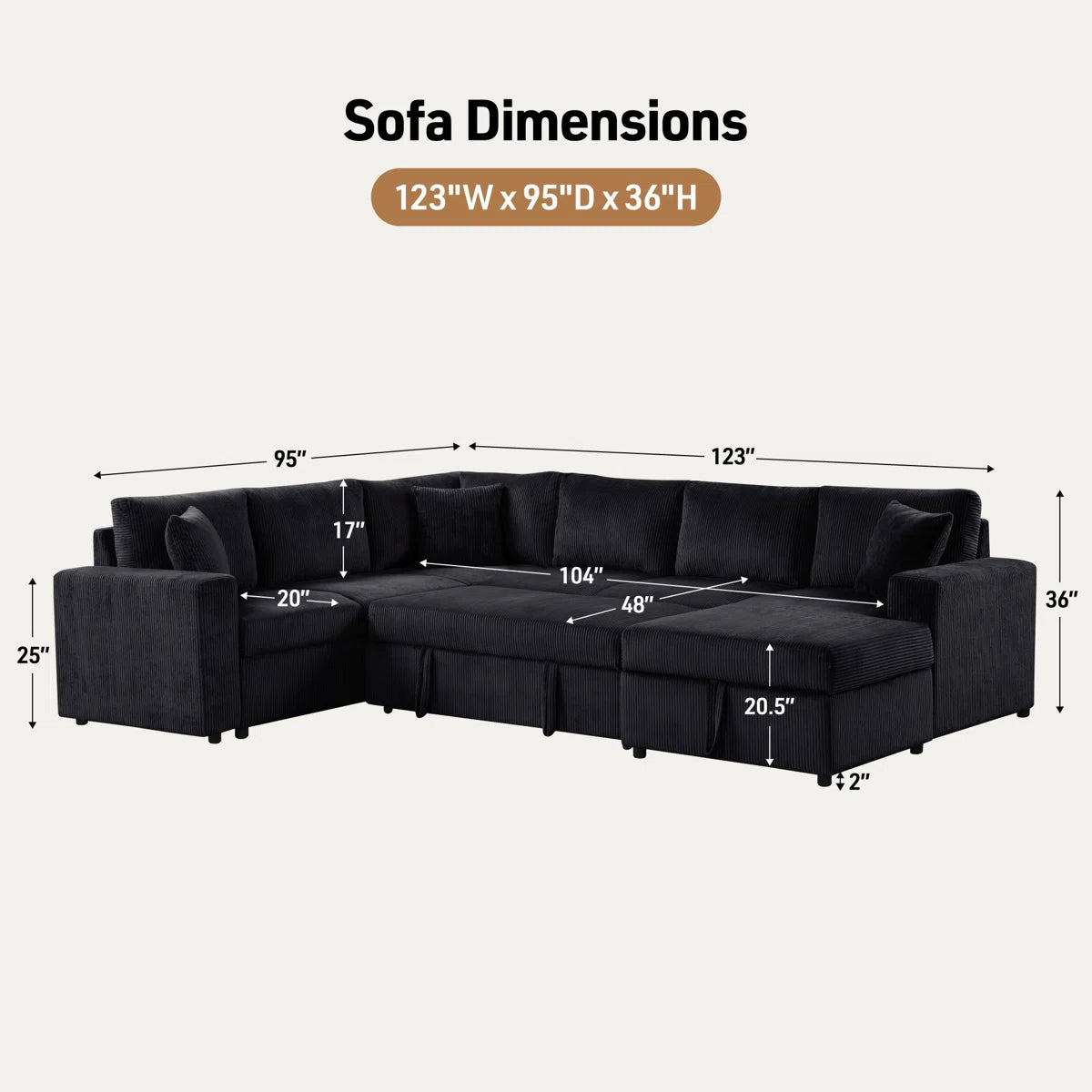 Rinaldo Black Corduroy Sleeper Sectional — supplier overall dimension diagram.