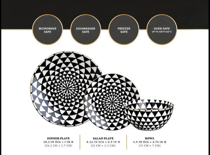 Black & White Geometric Dinnerware Set — 12 Pieces