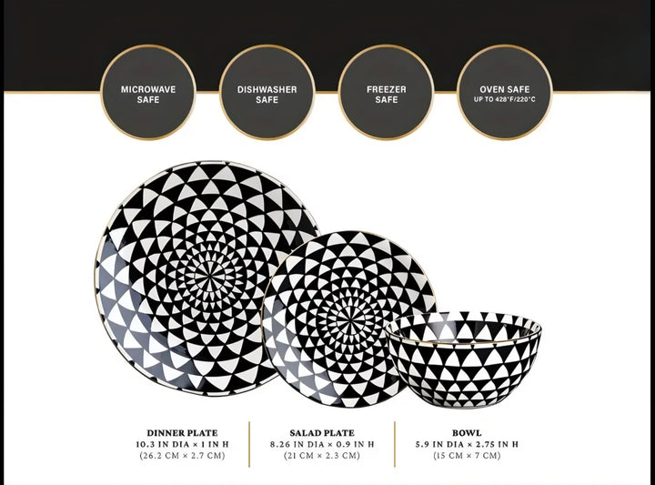 Black & White Geometric Dinnerware Set — 12 Pieces