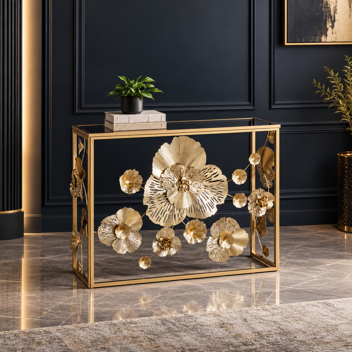 Gold-tone floral console with mirrored top styled against a dark paneled wall.