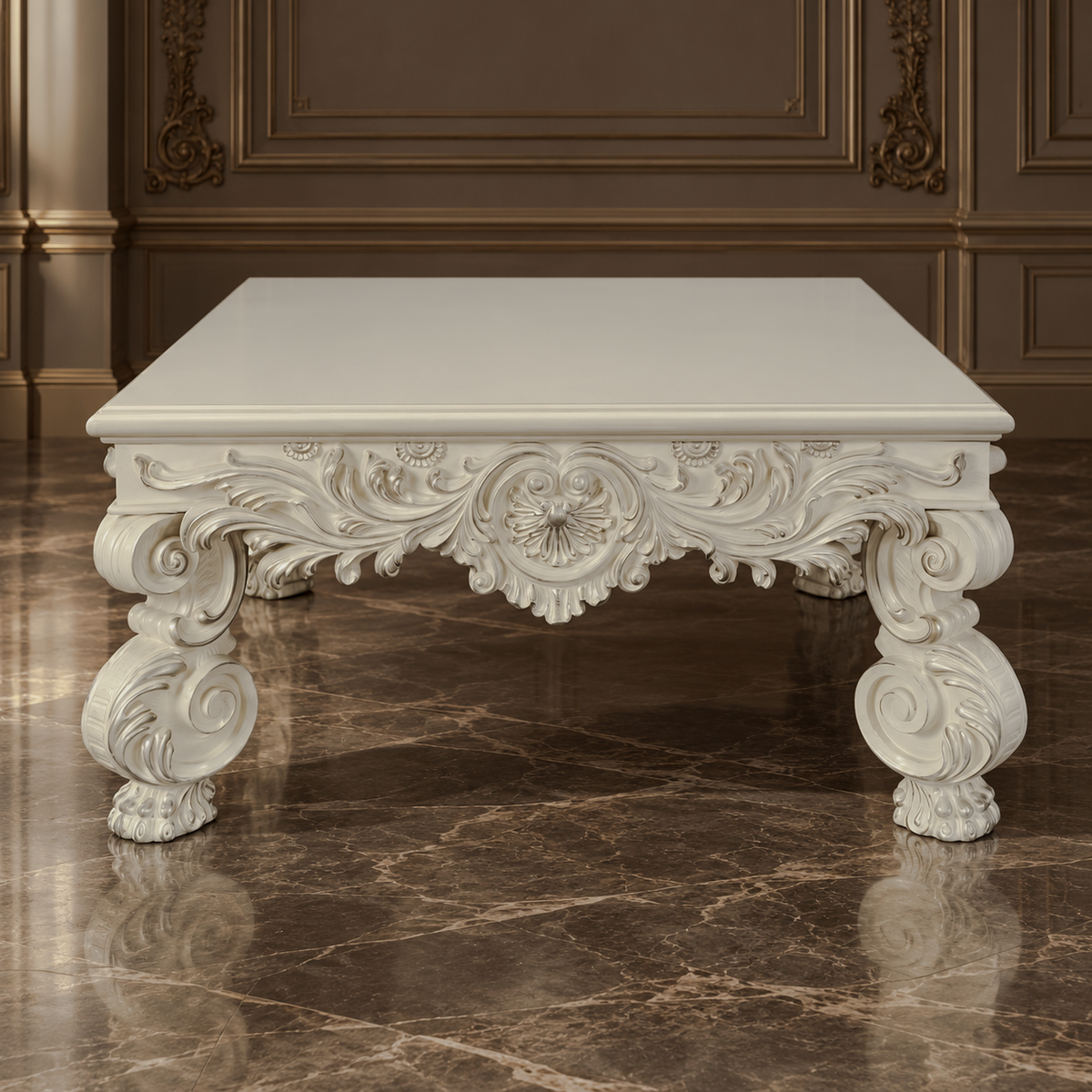 Front view of cream square coffee table with ornate floral carving and curled legs