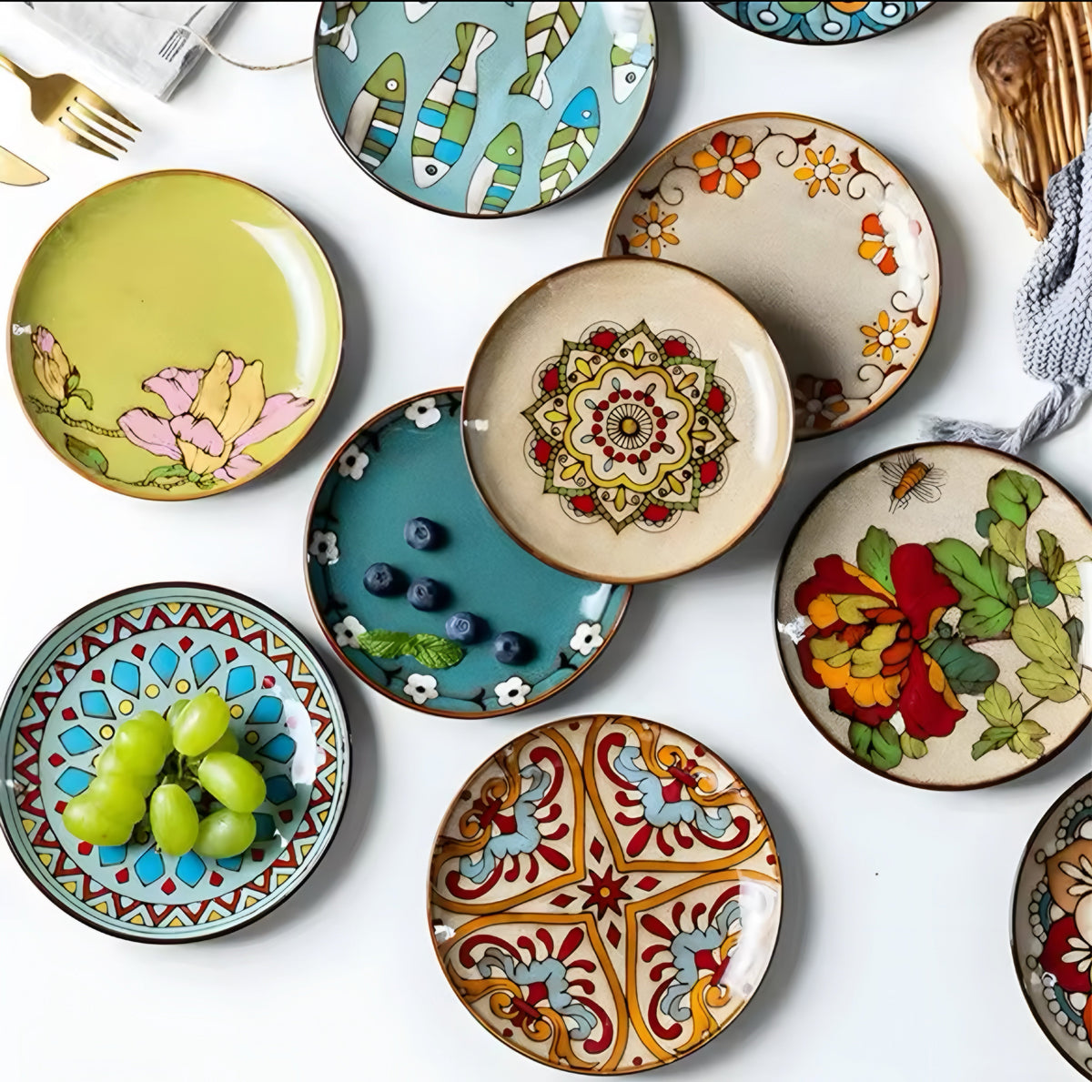 Hand-Painted Ceramic Plate Set — 6 Pieces