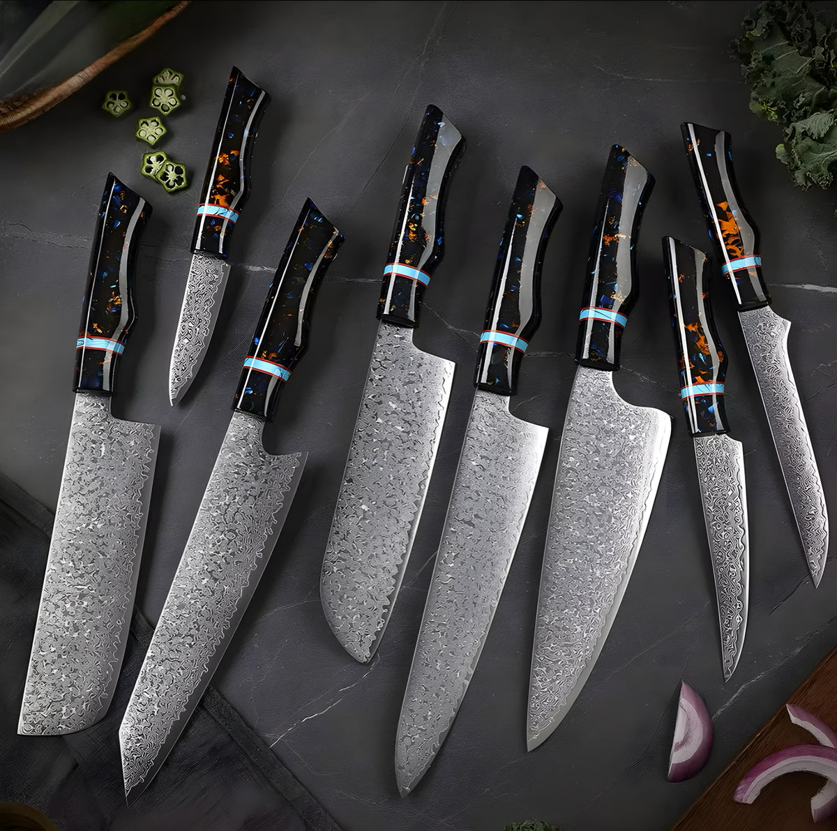 Damascus Knife Set with Dark Handles — 8 Pieces