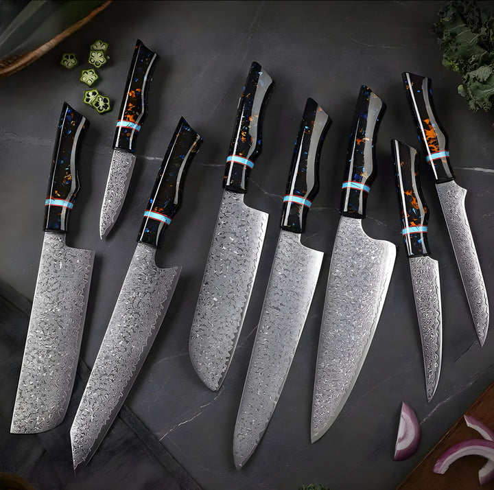 Damascus Knife Set with Dark Handles — 8 Pieces