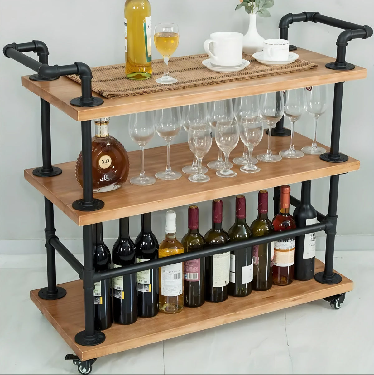 Wood & Pipe-Style Bar Cart