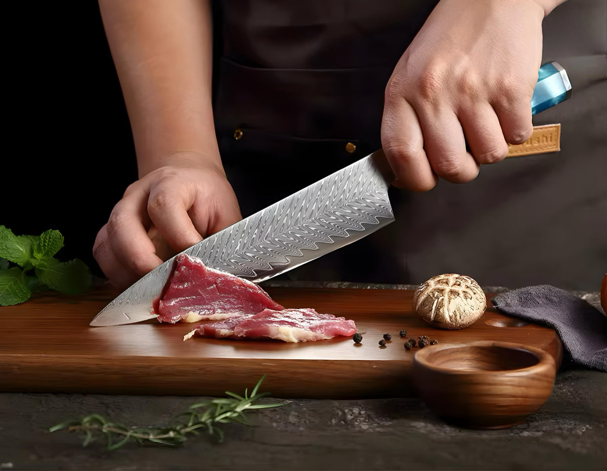 Damascus Knife Set with Blue Handles — 9 Pieces