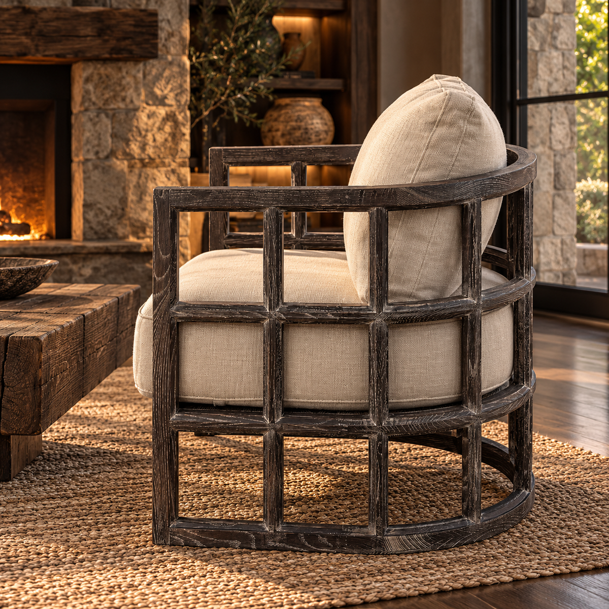 Cream Demi-Lune Accent Chair with Wooden Frame — main product image