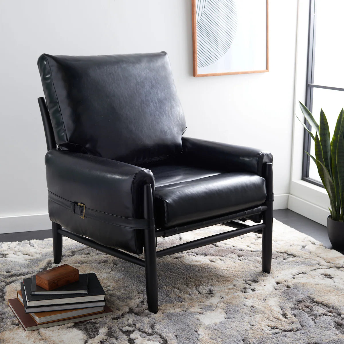 Strap-Detail Wood-Frame Accent Chair