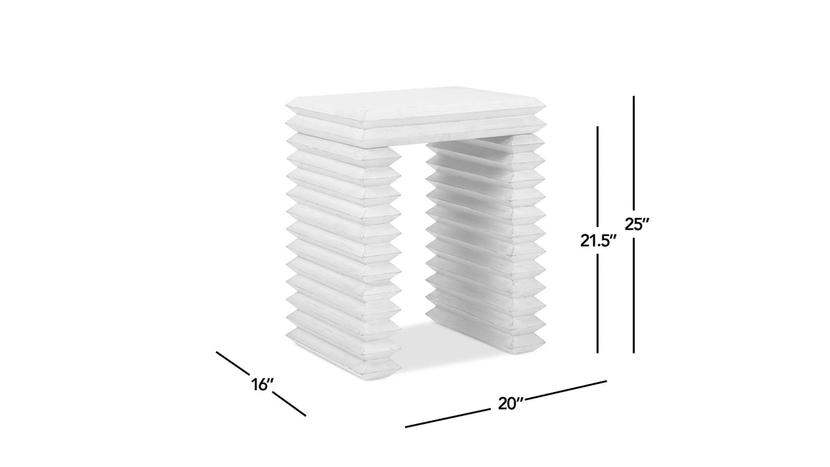 Dimension diagram of whitewashed geometric side table with stacked horizontal ridges