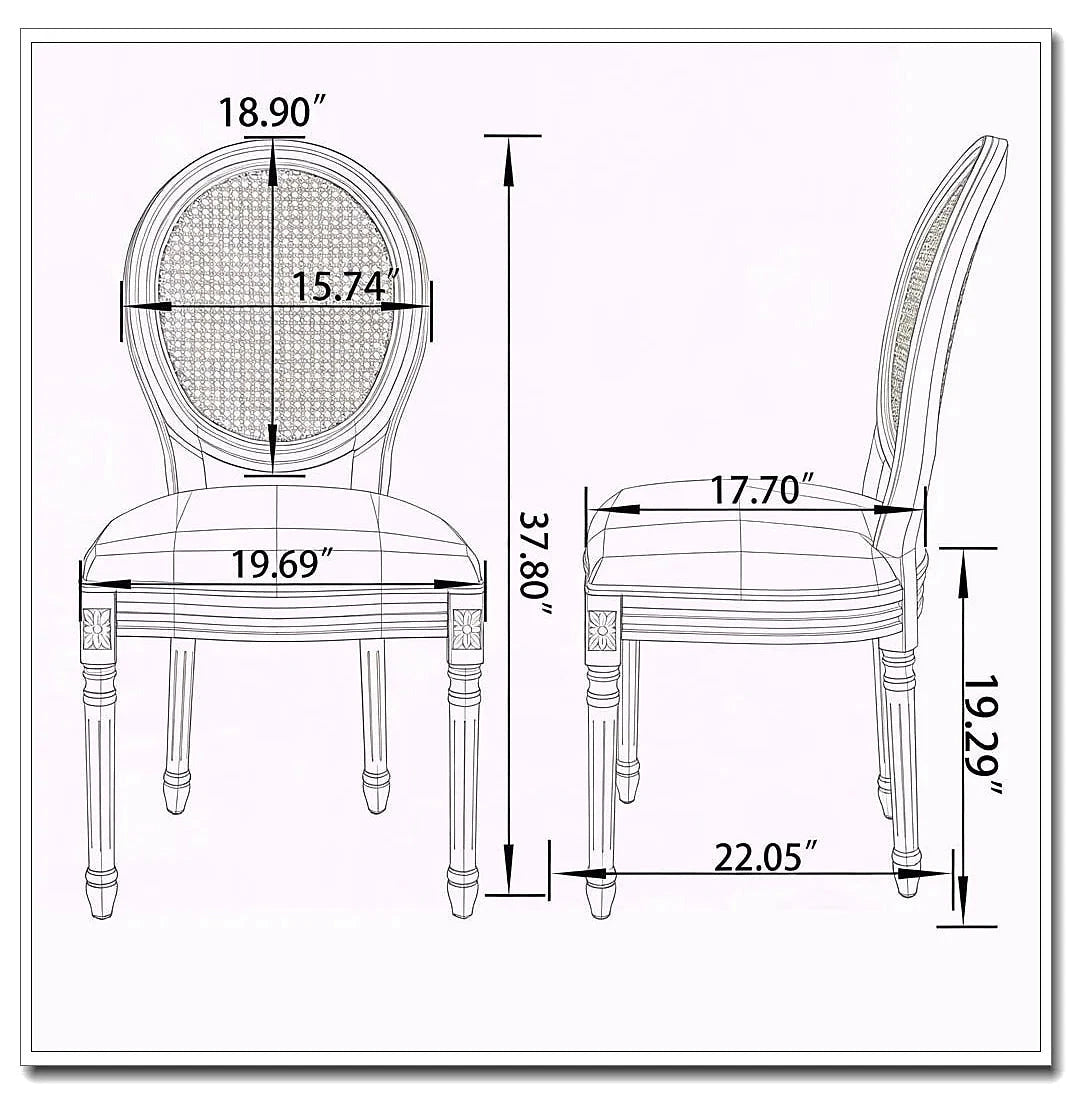 French style dining chair with a woven rattan back and beige upholstered seat — dimension diagram