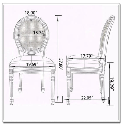 French style dining chair with a woven rattan back and beige upholstered seat — dimension diagram