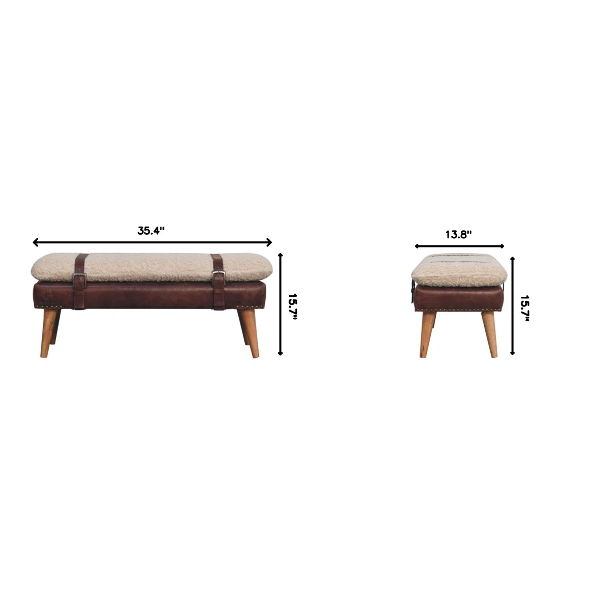 Front and end measurement diagram of cream and brown strap-detail bench