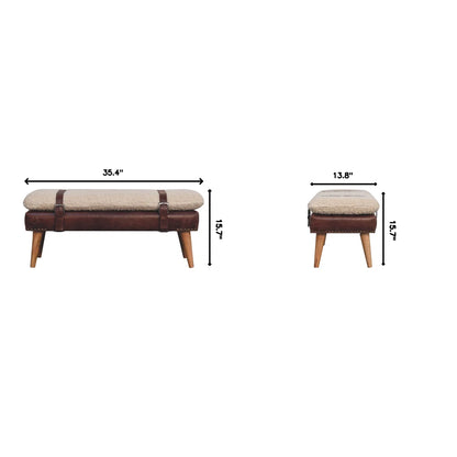 Front and end measurement diagram of cream and brown strap-detail bench