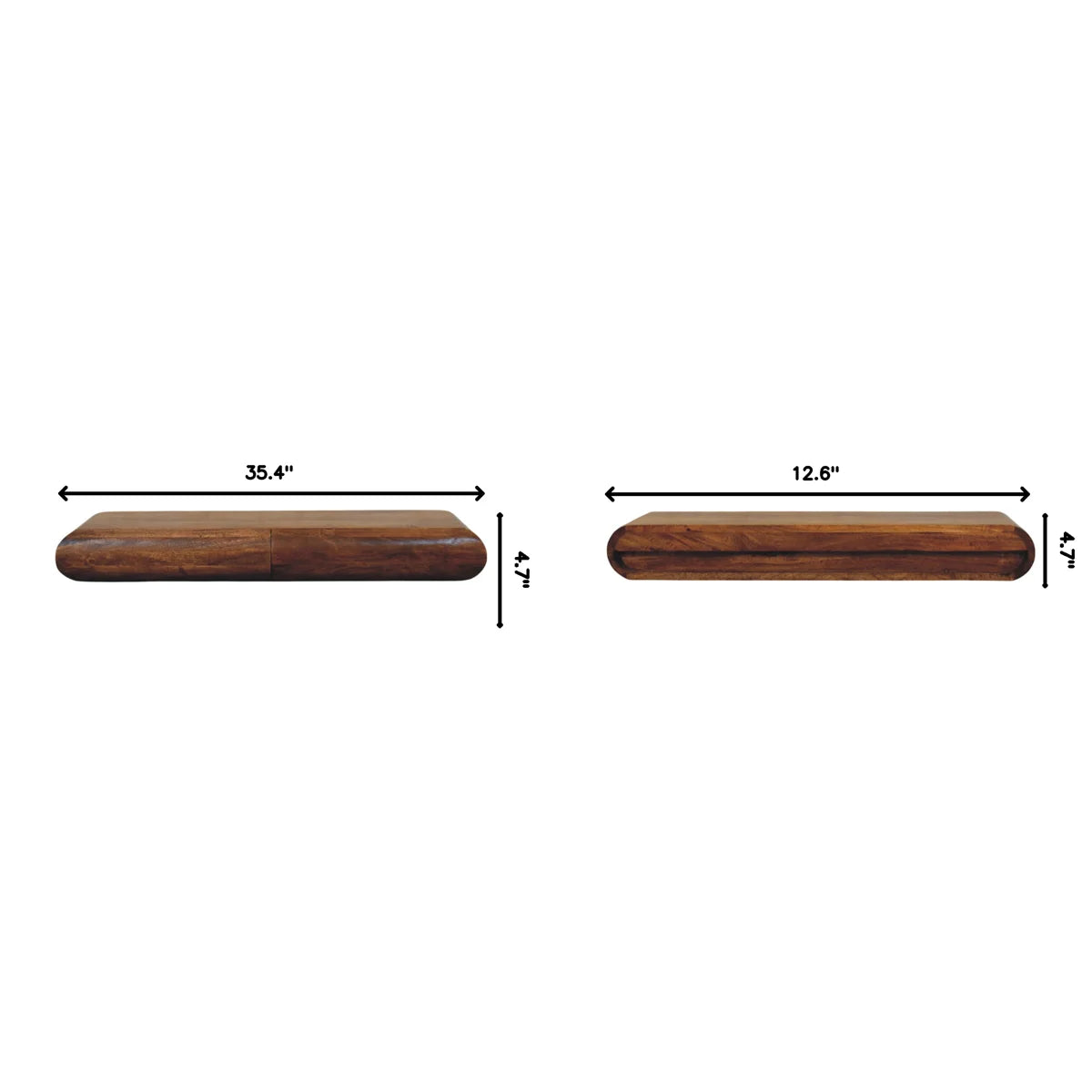 Dimension diagram for the Solis floating console: 35.4 inches wide, 12.6 inches deep and 4.7 inches high.