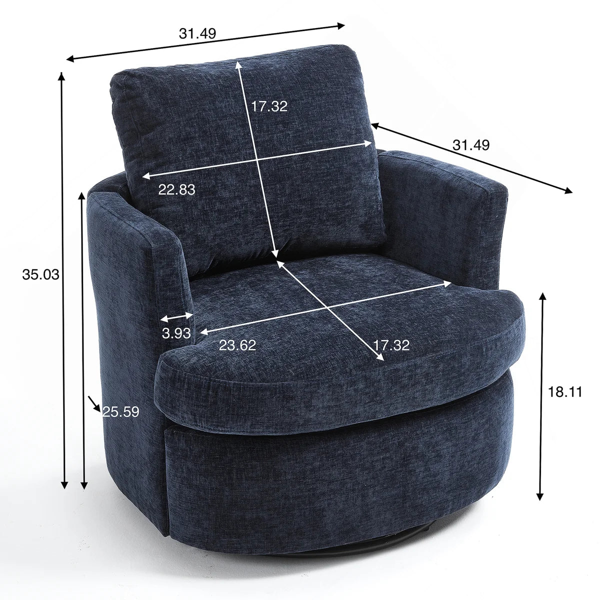 Dimension diagram of the navy round barrel chair