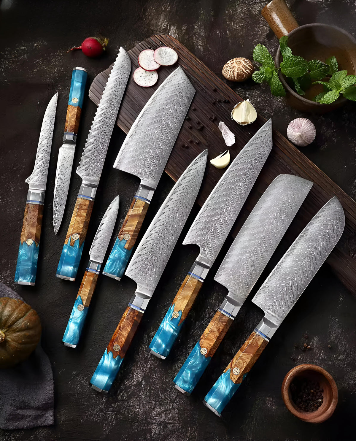 Damascus Knife Set with Blue Handles — 9 Pieces