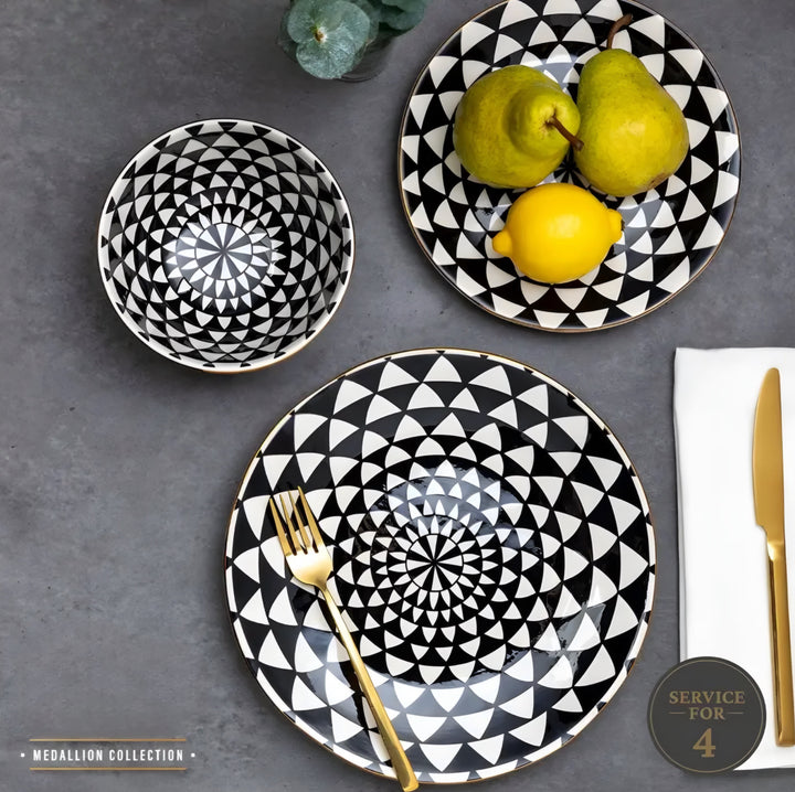 Black & White Geometric Dinnerware Set — 12 Pieces