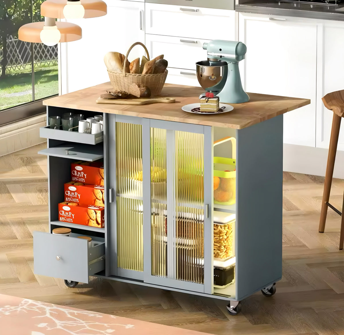Kitchen Island Cart with Glass Doors