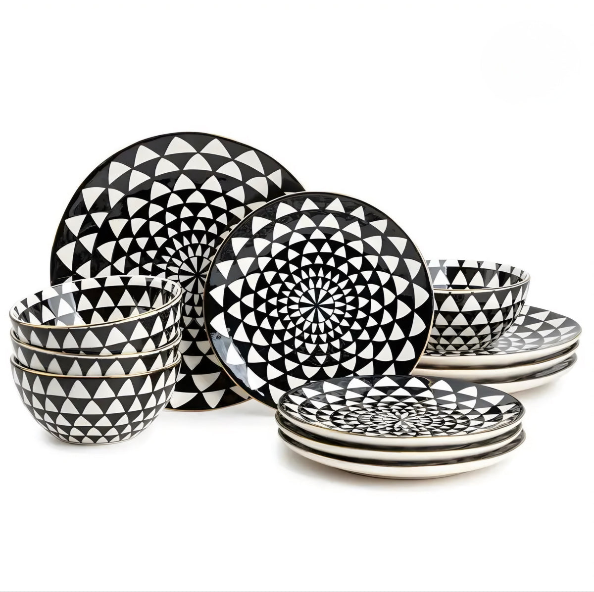 Black & White Geometric Dinnerware Set — 12 Pieces