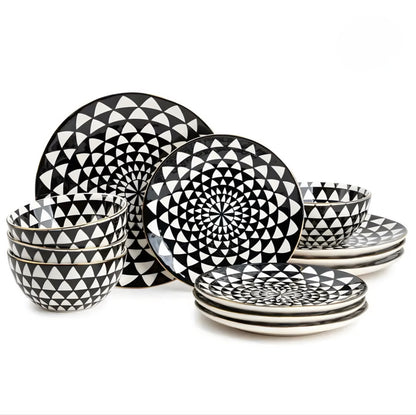Black & White Geometric Dinnerware Set — 12 Pieces