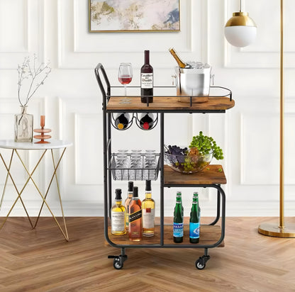 Wood-Tone Bar Cart with Wine Rack