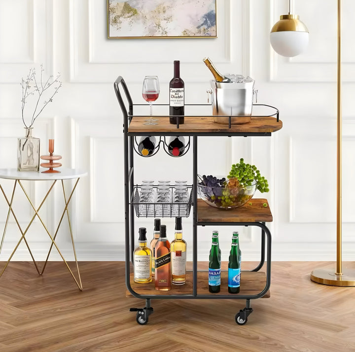 Wood-Tone Bar Cart with Wine Rack