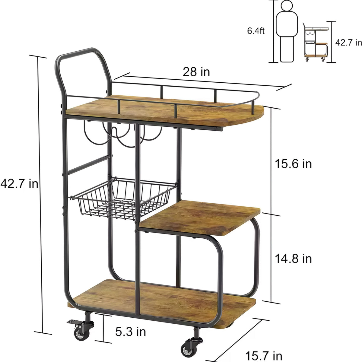 Wood-Tone Bar Cart with Wine Rack