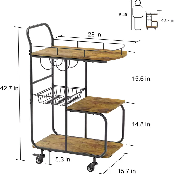Wood-Tone Bar Cart with Wine Rack