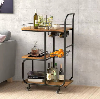 Wood-Tone Bar Cart with Wine Rack
