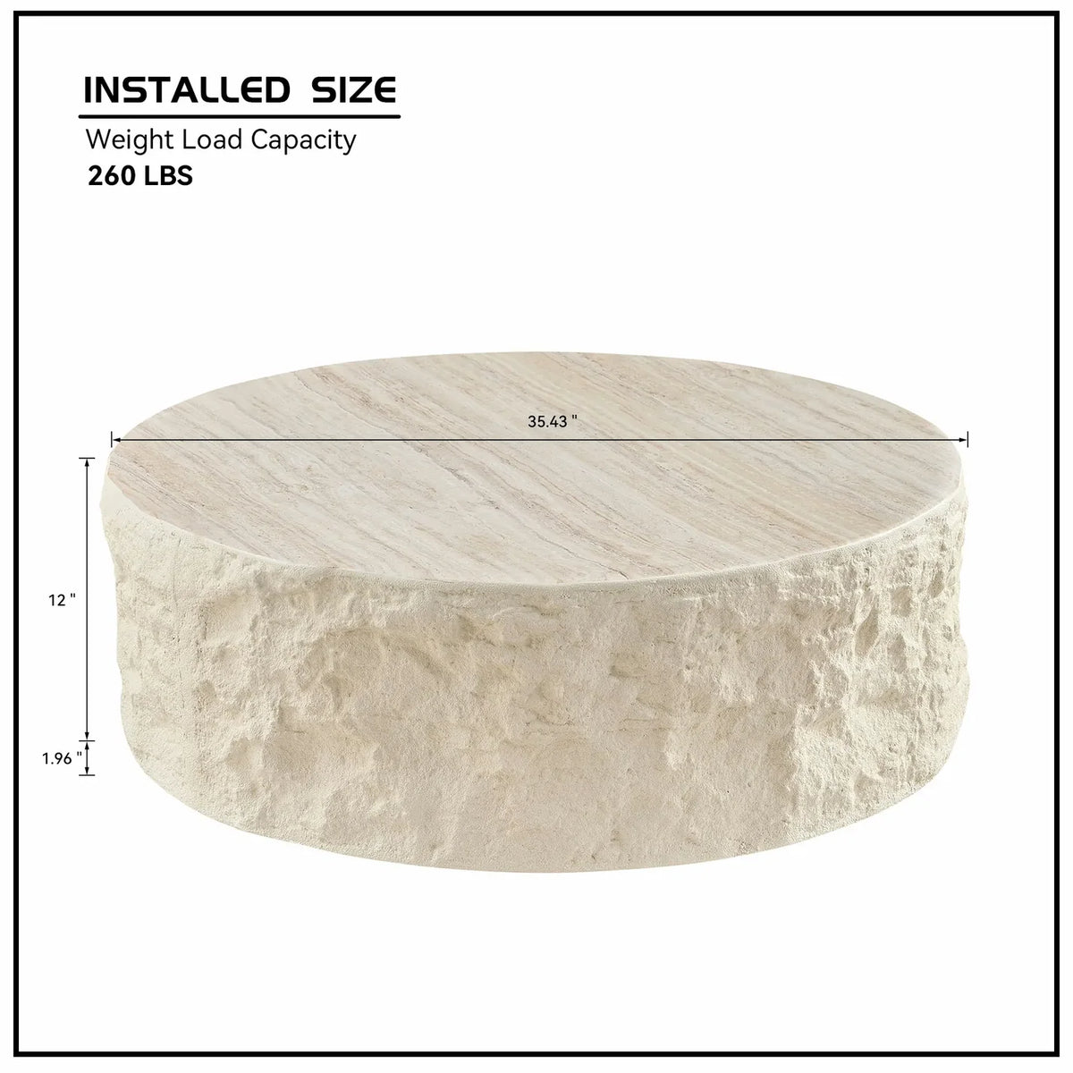 Dimension graphic of a low round cream table with rough stone-look sides