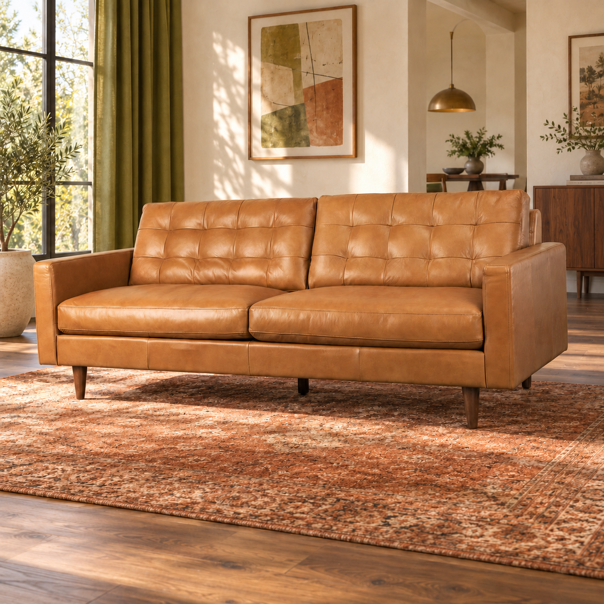 Canyon Leather Sofa in a warm midcentury living room