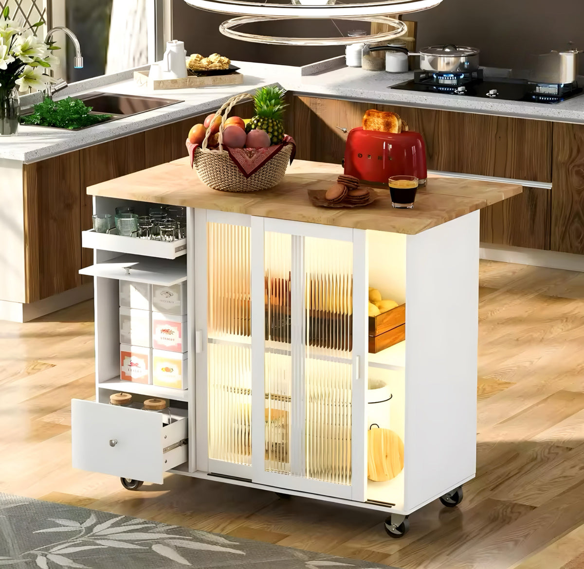 Kitchen Island Cart with Glass Doors