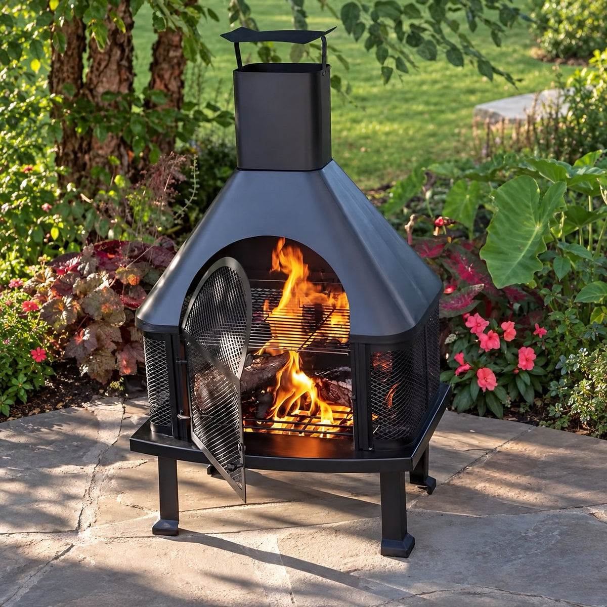 Outdoor cooking chiminea with open mesh door and full chimney on a stone patio