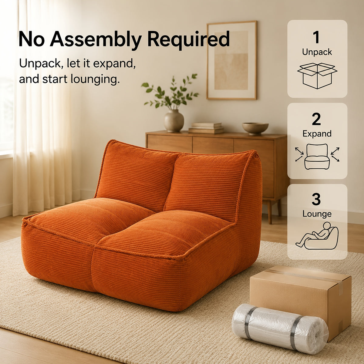 Diagram illustrating no-assembly unpacking and expansion of the orange floor sofa