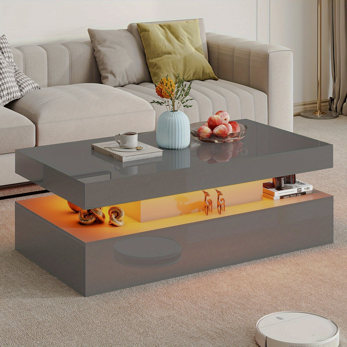 Gray high-gloss LED coffee table with an illuminated lower shelf