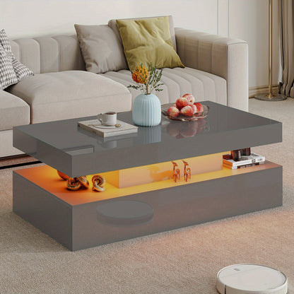 Gray high-gloss LED coffee table with an illuminated lower shelf