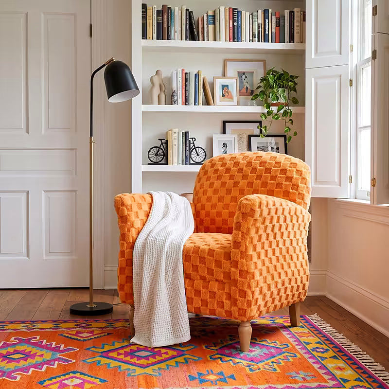 Orange checkerboard corduroy accent armchair with brown wood legs