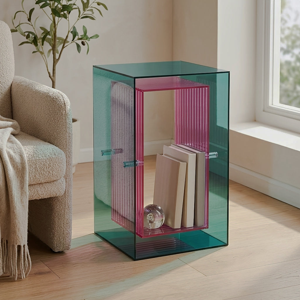 Upright teal and pink acrylic cabinet with books inside