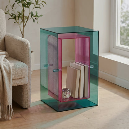Upright teal and pink acrylic cabinet with books inside