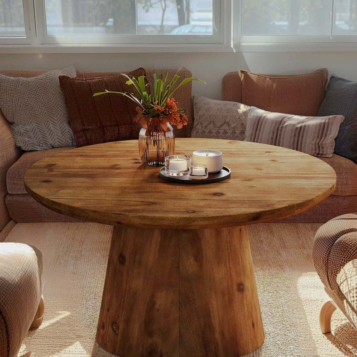 Brown wood-grain table by sofa