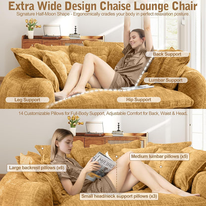 Oversized Round Chenille Lounge Sofa — yellow lounging and pillow arrangement.