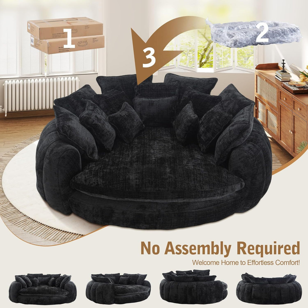 Oversized Round Chenille Lounge Sofa — black sofa unpacking and shape recovery.