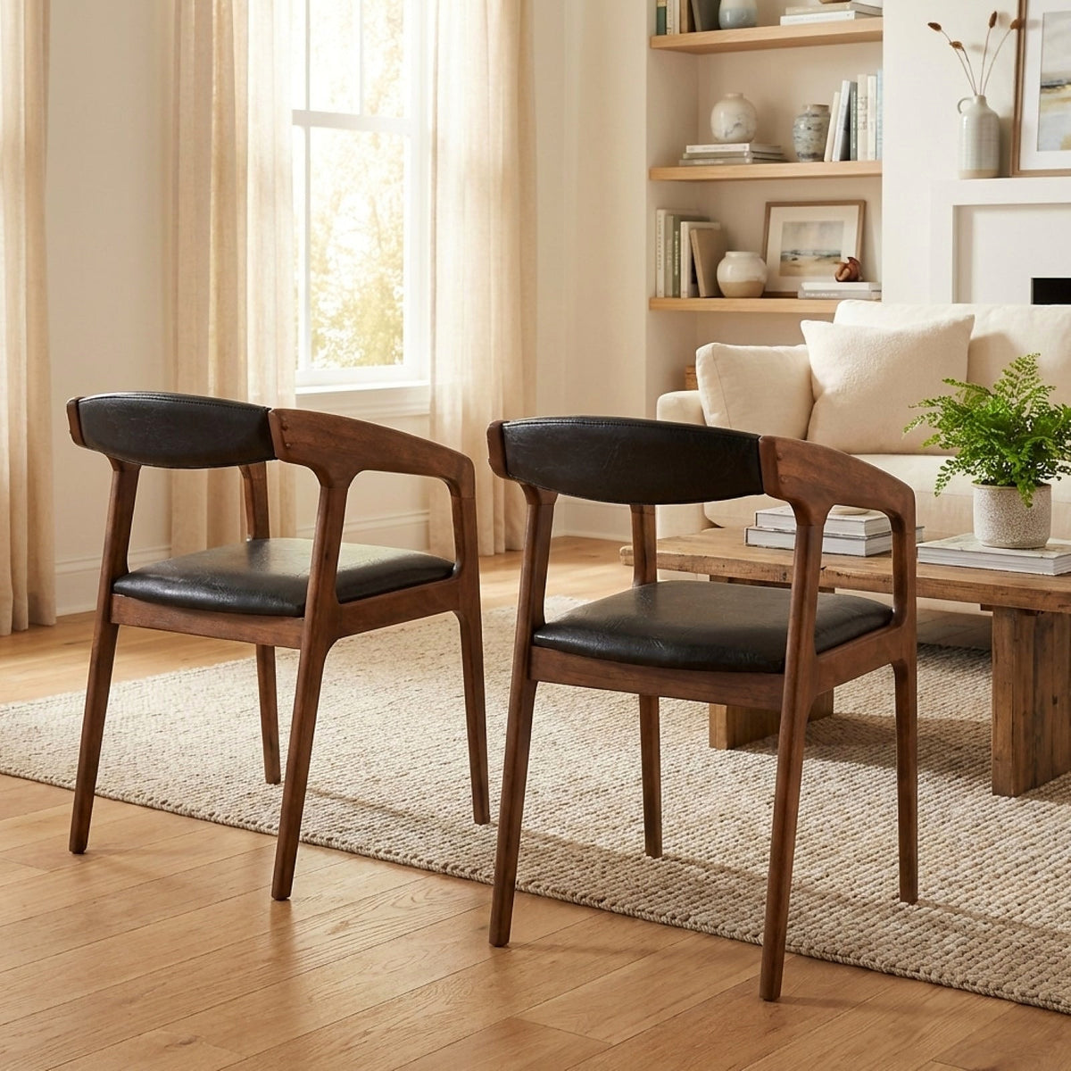 Black faux leather dining armchair with a warm wood frame