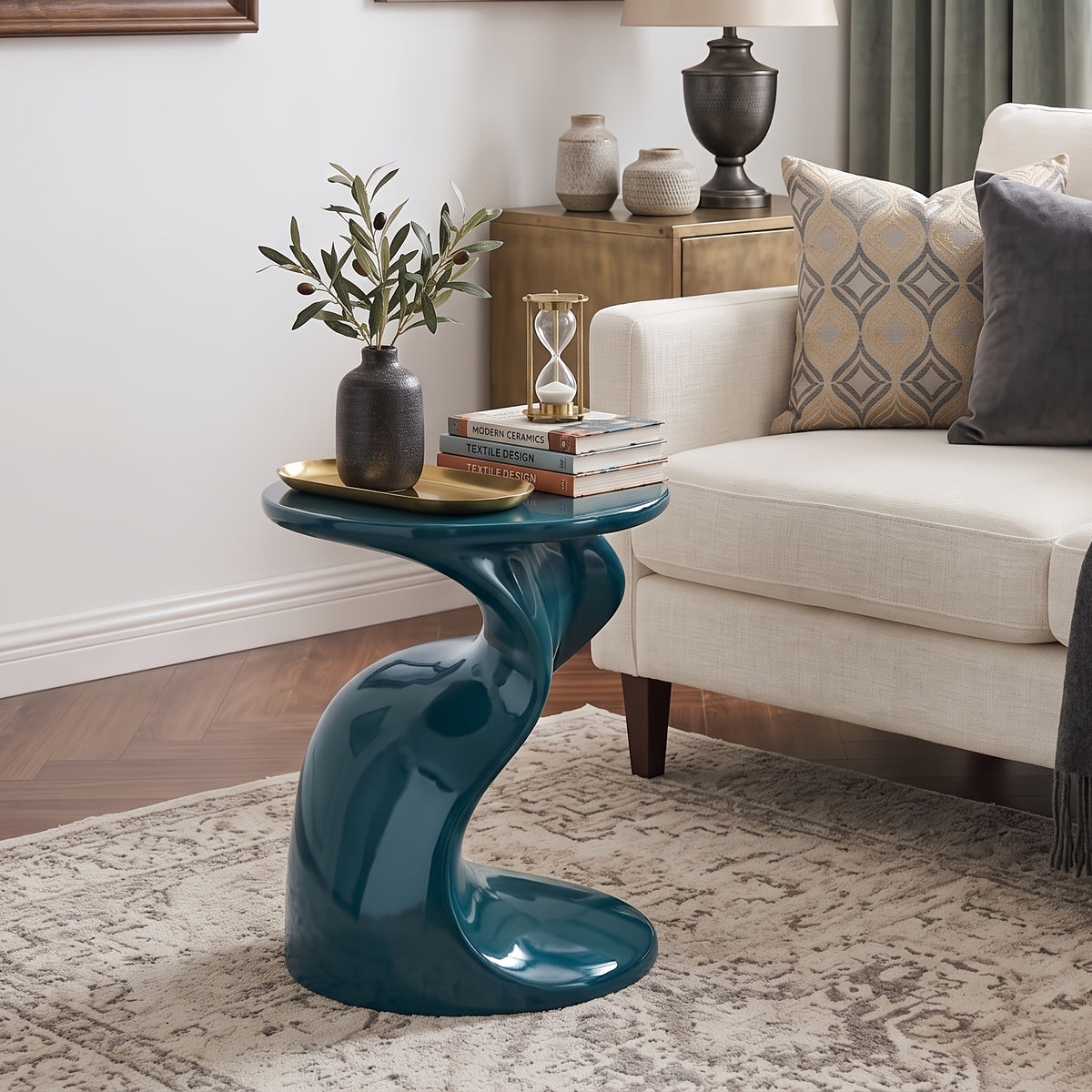 High Glossy Side Table, End Table, S-Shaped Base Fashion Design, Modern Nightstand, Accent Table, for Small Spaces, with 18" High Base, for Living Room Office Apartment, No Assembly, Blue/Green/Pink - Blue
