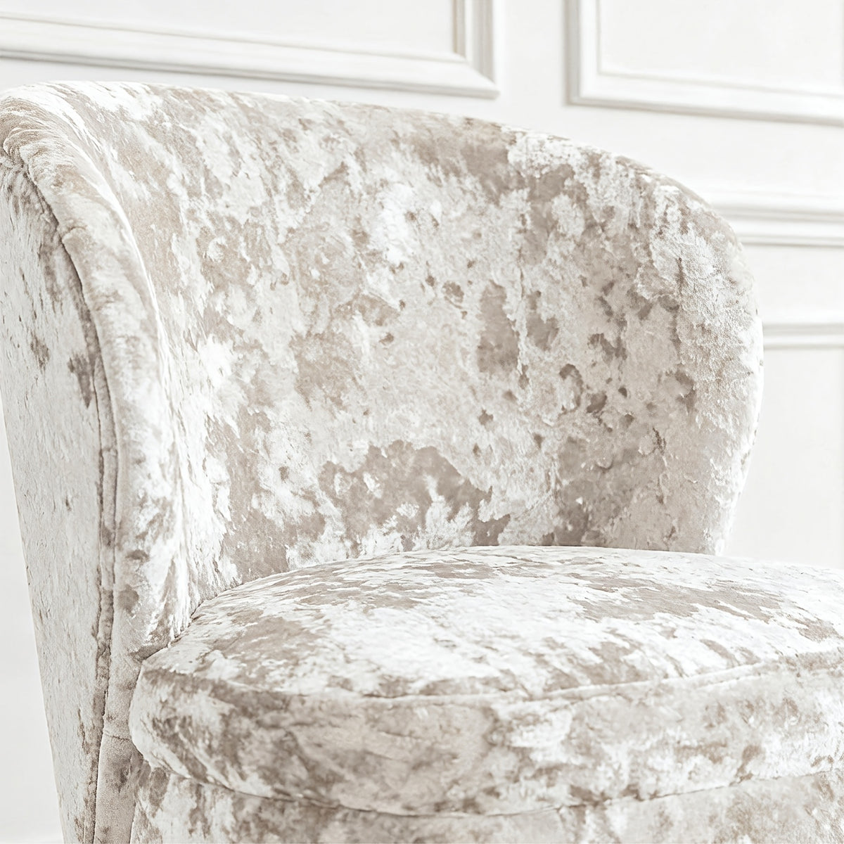 Crushed Velvet Accent Chair with Wood Legs — white crushed velvet texture close-up.