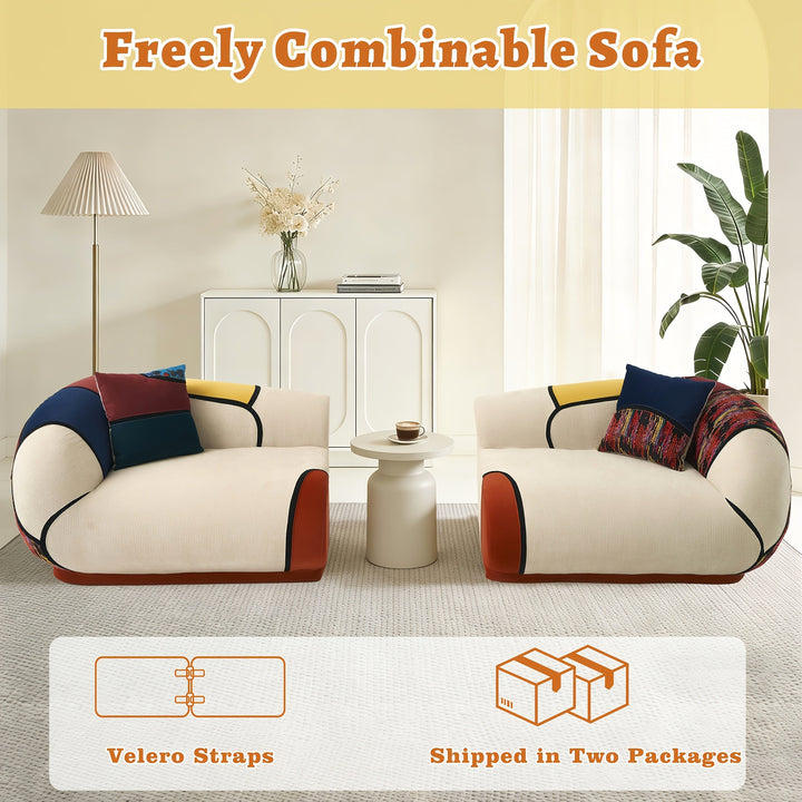 Two curved sofa sections positioned separately, with a graphic showing connecting straps and two packages.