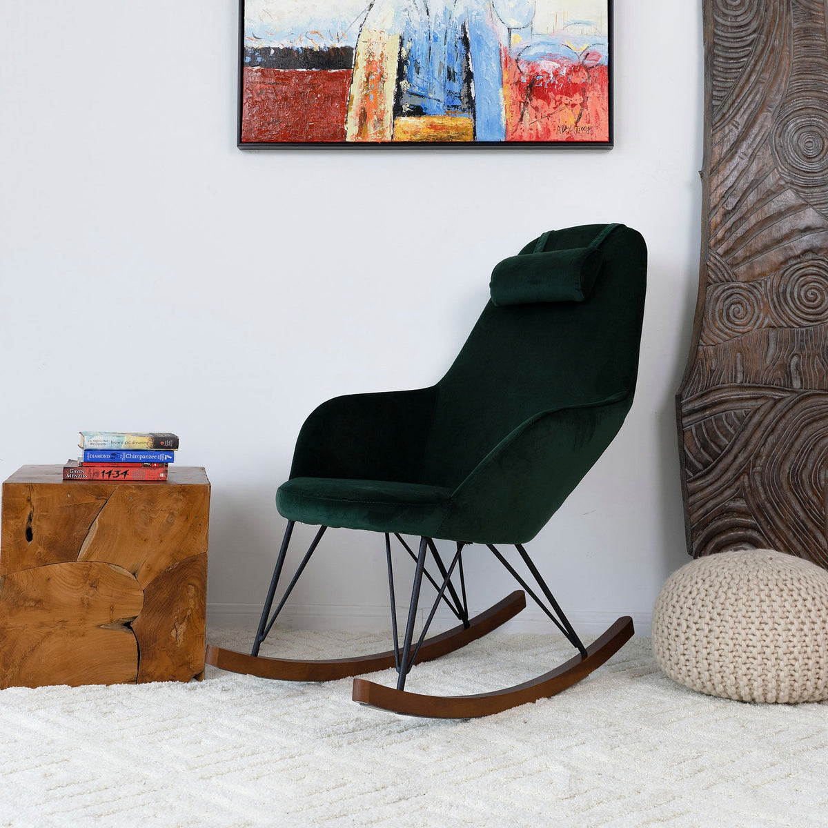 Chloe green velvet rocking chair with wood runners