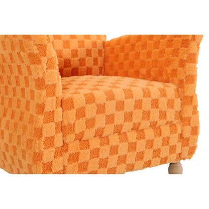 Orange checkerboard corduroy accent armchair with brown wood legs
