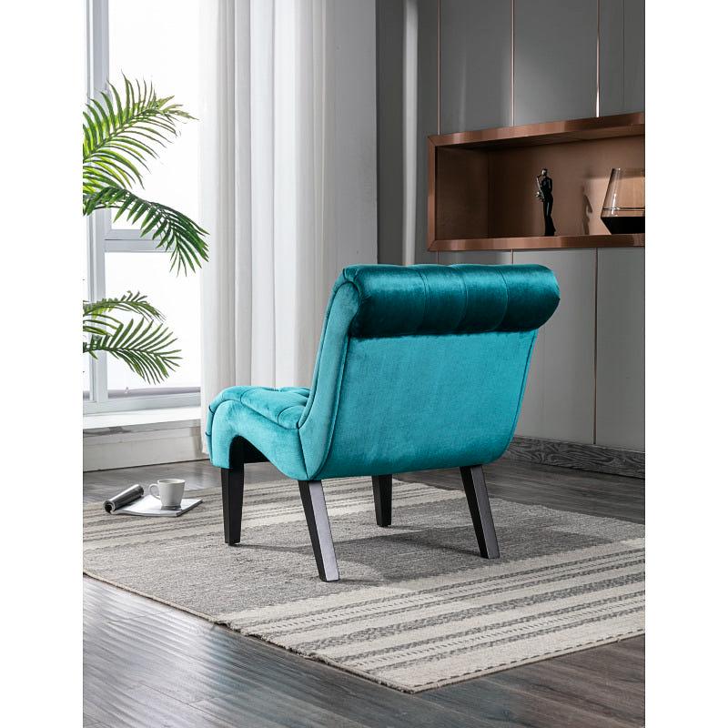 Button-Tufted Velvet Armless Accent Chair — teal rear three-quarter view